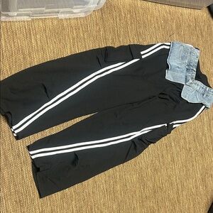 Black Kids Track Pants with White Stripes and Denim Waistband